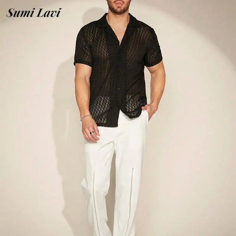 2024 Summer Beach Sexy Mens Mesh Shirts Vintage Crochet Hollow Out Breathable Shirt For Men Trendy Short Sleeve Lapel Cardigan