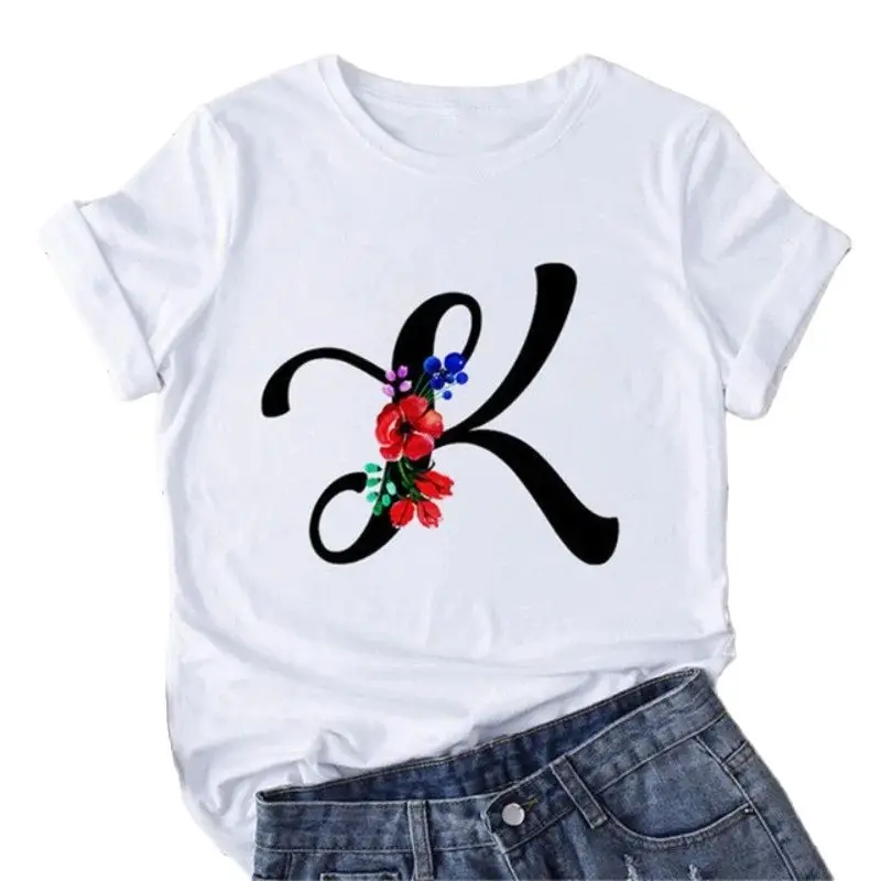 Women's Short Sleeve T-shirt Cartoon Creative Letter Print Flower Pattern A Hair Graphic T Shirts Kawaii Clothes Oversized Goth