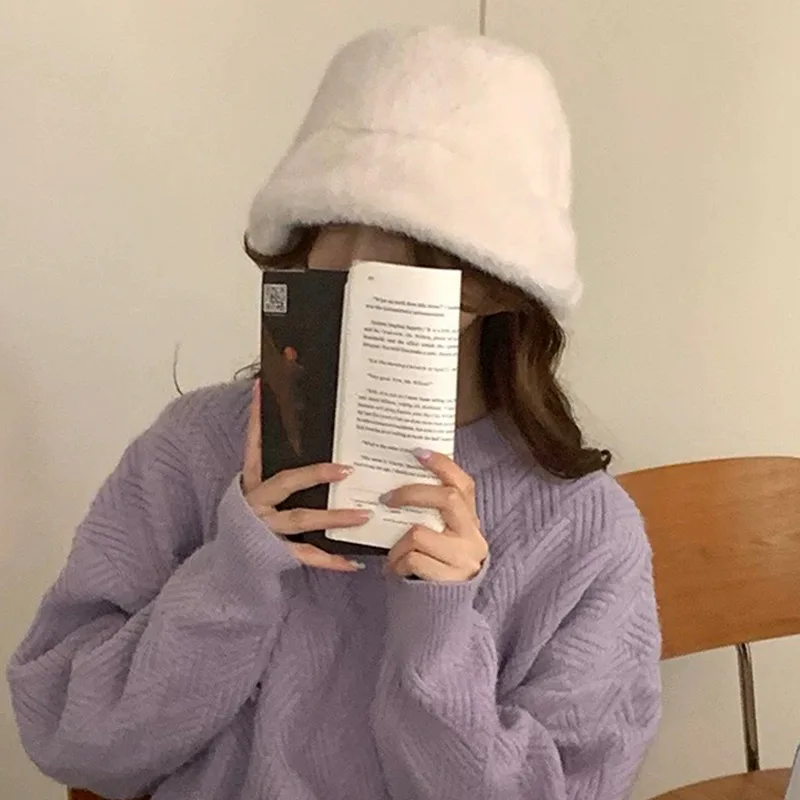Korean Soft Snowy Day Outdoor Plain Face Covering Bucket Hat Imitation Mink Casual Versatile Warm Faux Fur Basin Hat