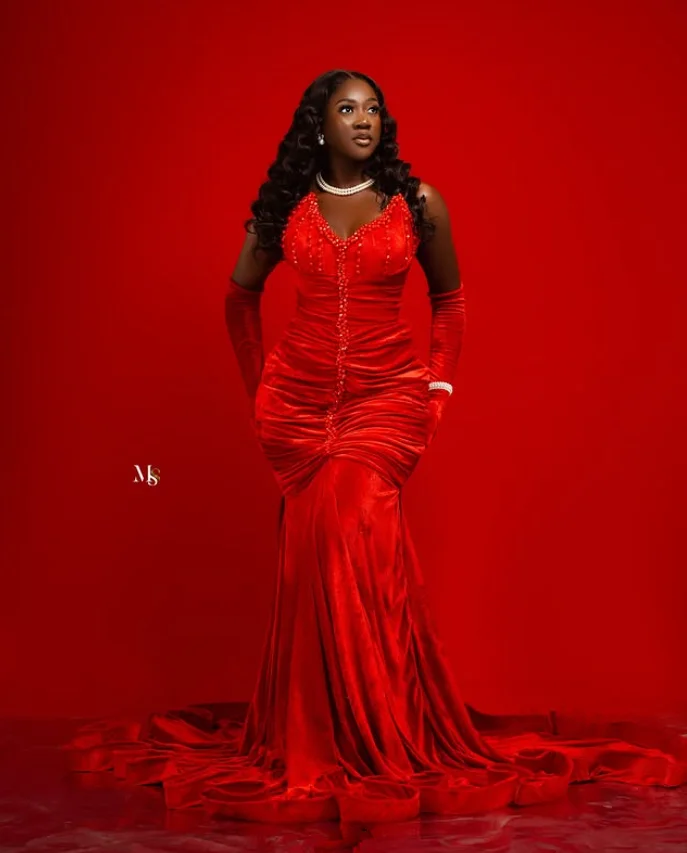 

Red Velvet Ruched Mermaid Long Evening Formal Dresses Sweetheart Lace-up Corset Crystal African Prom Gown Customsized