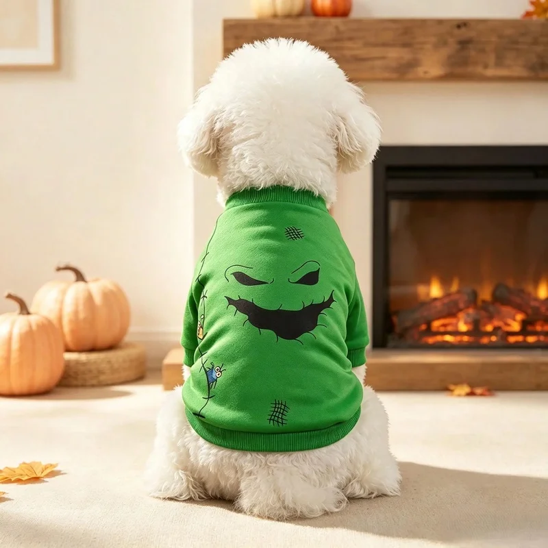 Halloween Dog Sweatshirt Green Pet Pullover Shirt Spider Pattern Puppy Clothes Pet Outfits Halloween Party Dog Apparel