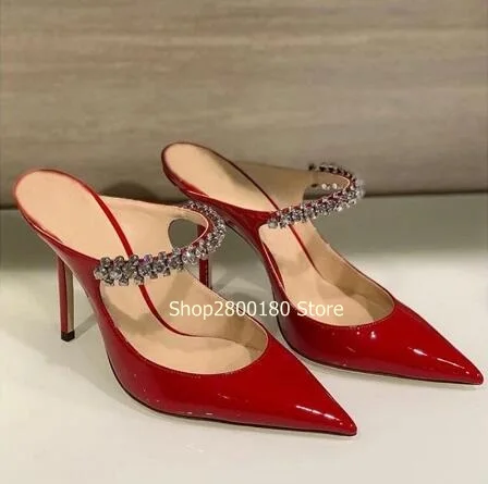 Black White Red Patent Leather Pointed Toe Crystal Strap Slip On Slippers Women Fashion Shallow 6 8 10 CM Thin Heels Mules Shoes