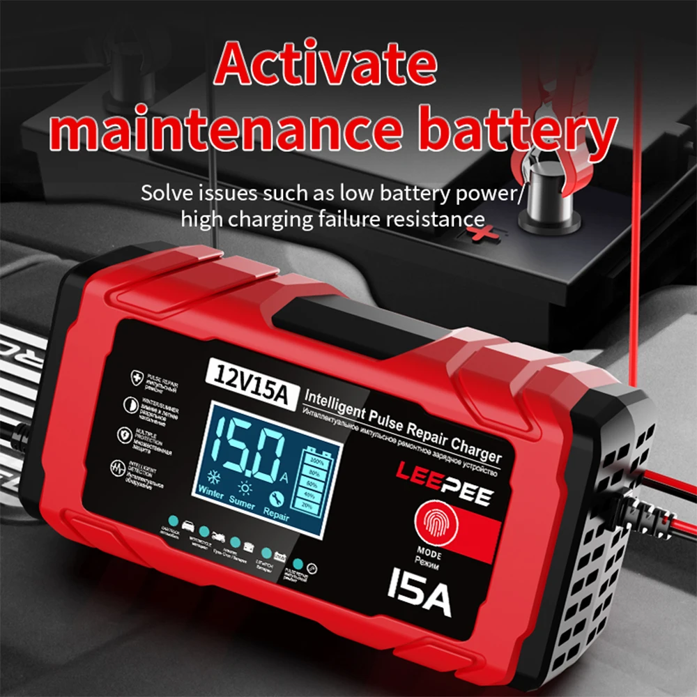 Maintenance Car Motorcycle Battery Charging Multifunctional Intelligent Pulse Repair Lead-Acid Smart Battery Charger 12V 15A 12A