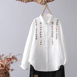 Cotton yarn white blouse women tops long sleeve stand collar embroidery shirts elegant women's luxury blouses vintage white top