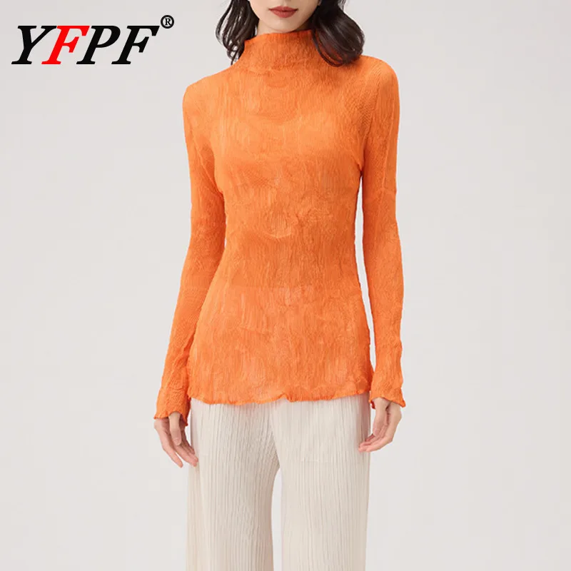 

YFPF Solid Color Versatile Pleated Women's T-shirt Casual Turtleneck Long Sleeve Slim Fashion Pullover Tops 2025 New Clothing