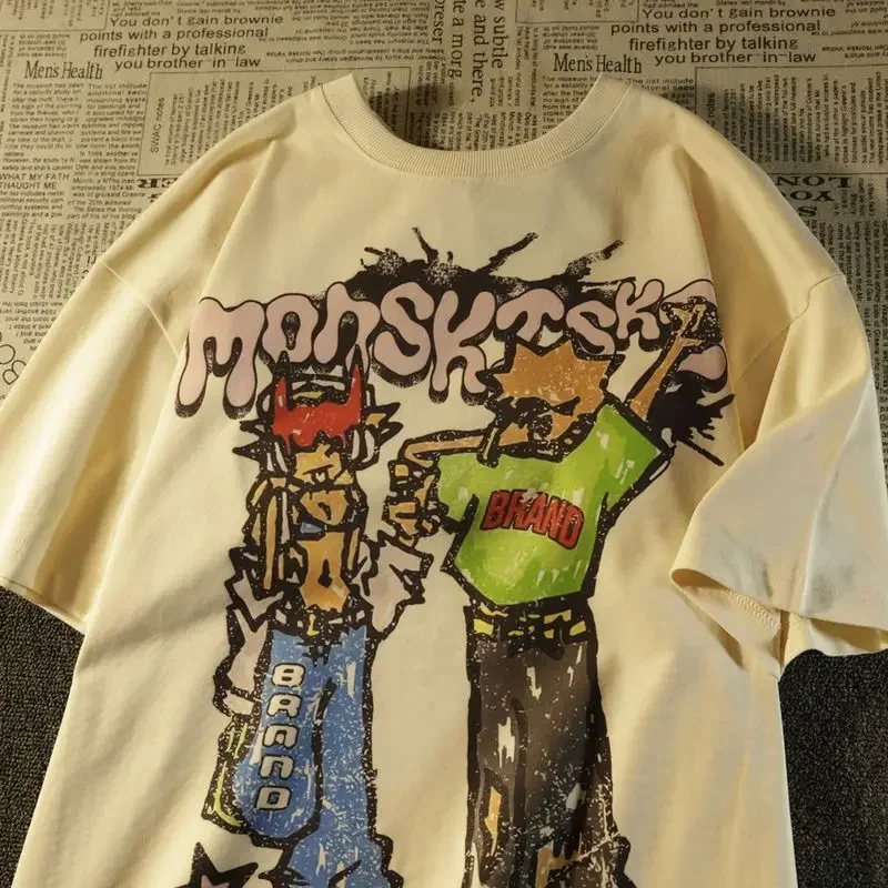 Fashionable American street cartoon printed T shirt men and women summer y2k street hip hop loose cotton half sleeved top