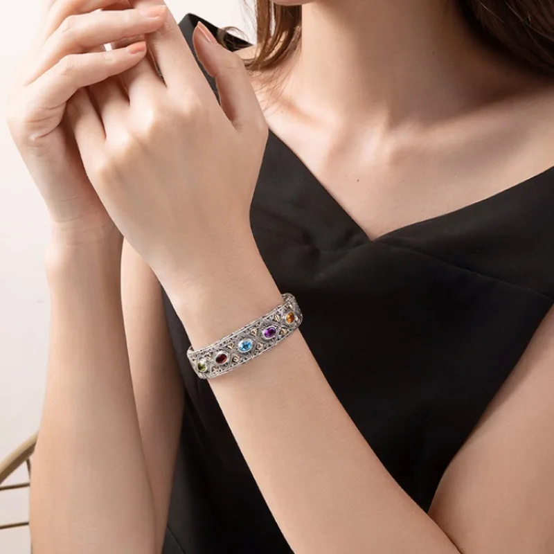 925 Silver Luxury Inlaid Colored Gemstone Bracelet Fashionable Wedding Fine Couple Bangles Jewelry Gift for Girlfriend
