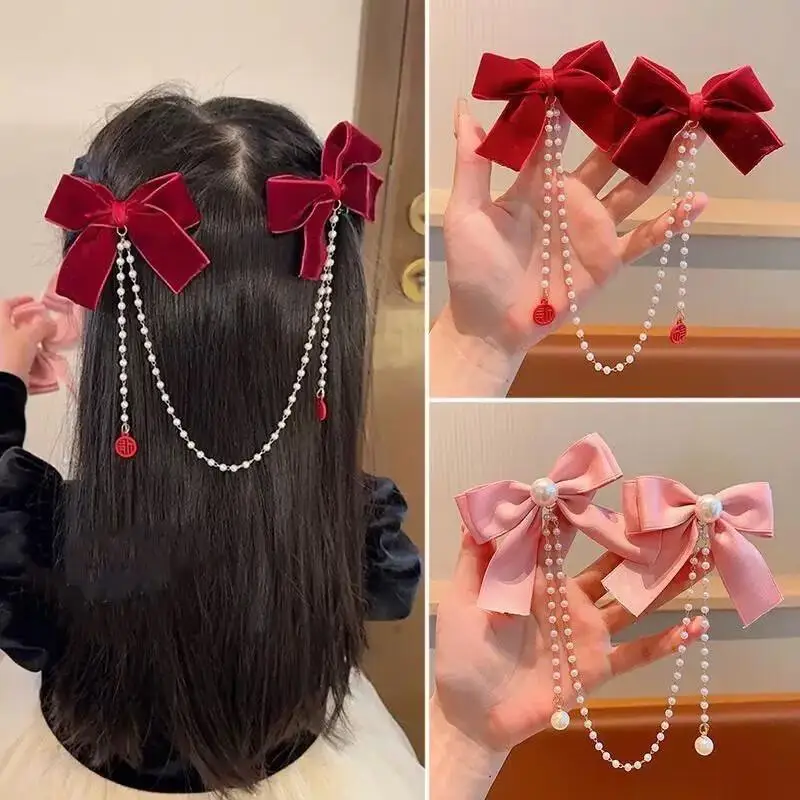 Vintage Ribbon Barrettes Bow Hair Clips With Pearl Tassel Princess Hair Pins For Girls Hanfu Dress Party Daily Hairstyle Decor