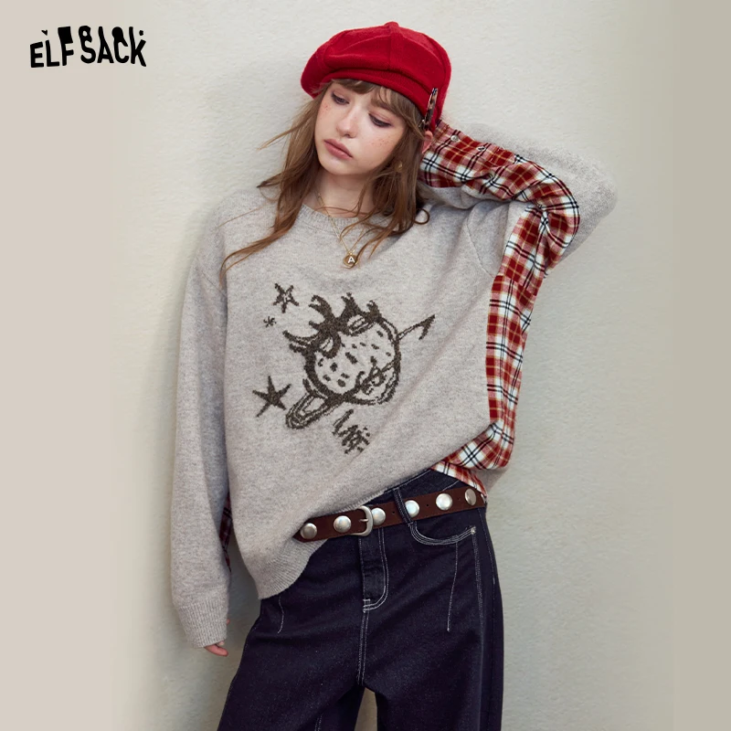 ELFSACK Women's Casual Loose Sweater with Cartoon Graphic Print, Plaid Patchwork Long Sleeve Knit Top for Everyday Wear