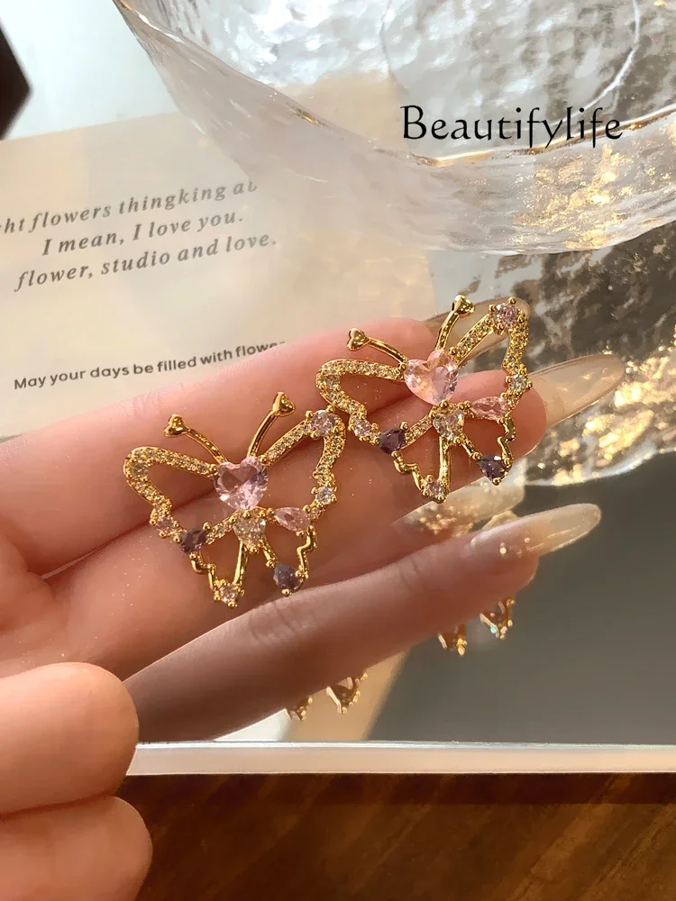 Light luxury, sweet and exquisite sparkling diamond butterfly earrings, fairy energy Korean version of fashion niche high-end