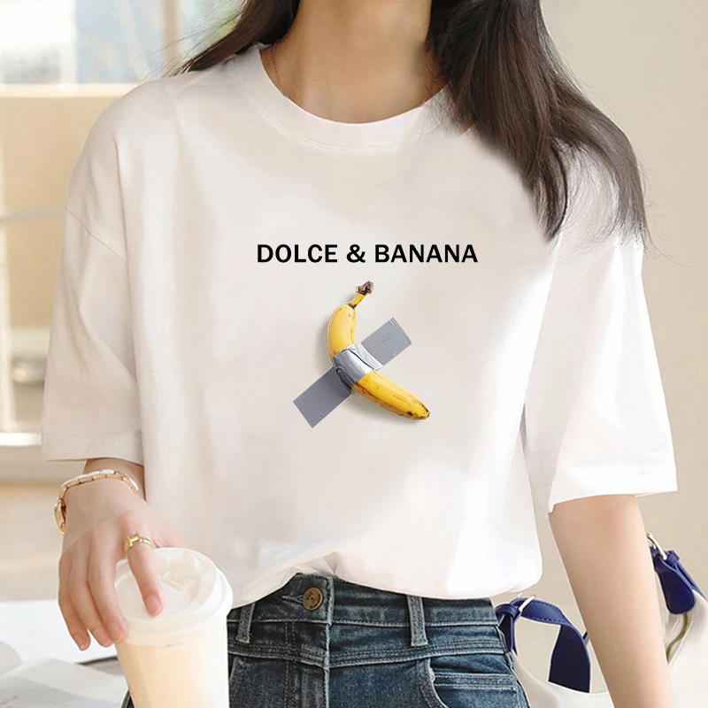 Dolce Banana Print Y2k T-shirt For Women\'s Summer Oversized Ladies Short Sleeved Tees Clothing Loose Pure 100% Cotton Soft Tops