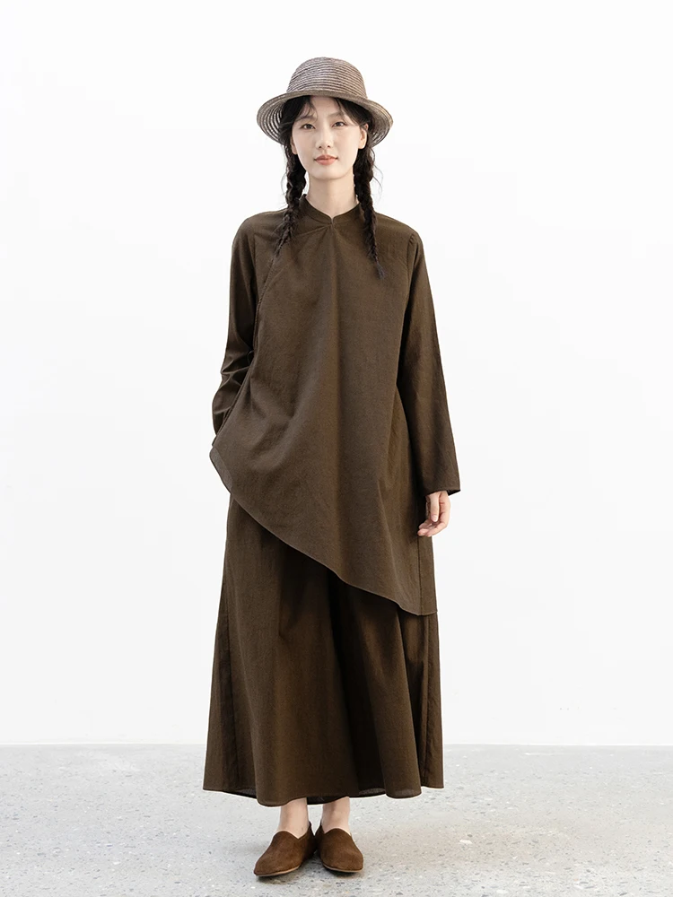 

Новая коллекция Le: Летний комплект из тонкого хлопка, коричневый топ с поясом и брюки, в новом китайском стиле, для повседневной носки, художественный, свободного кроя