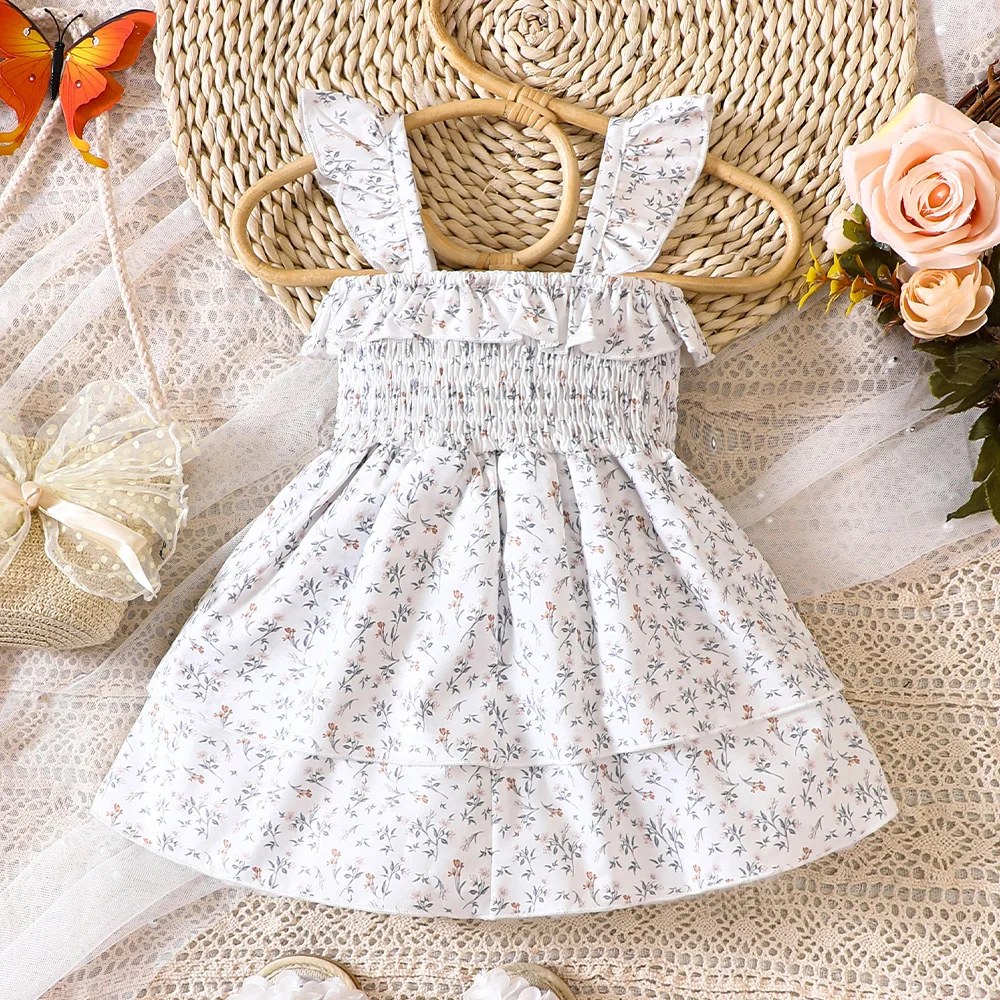 Toddler Young Girls Cute Ditsy Floral Dress Smocking Strap Layered Dress Summer Dresses for Girls