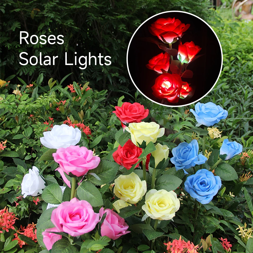 

5 Heads Simulation Solar Rose Flower light Outdoor Garden Decorative Lamp Waterproof Lawn Light Ground Light Festival Decoration