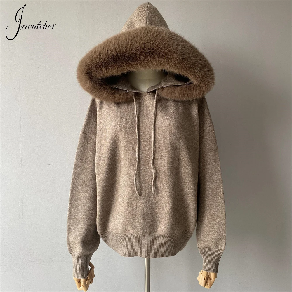 Jxwatcher Sweater wanita, Set dengan kerah bulu palsu musim gugur Pullover bertudung elastis bagus campuran wol sweter hangat musim semi