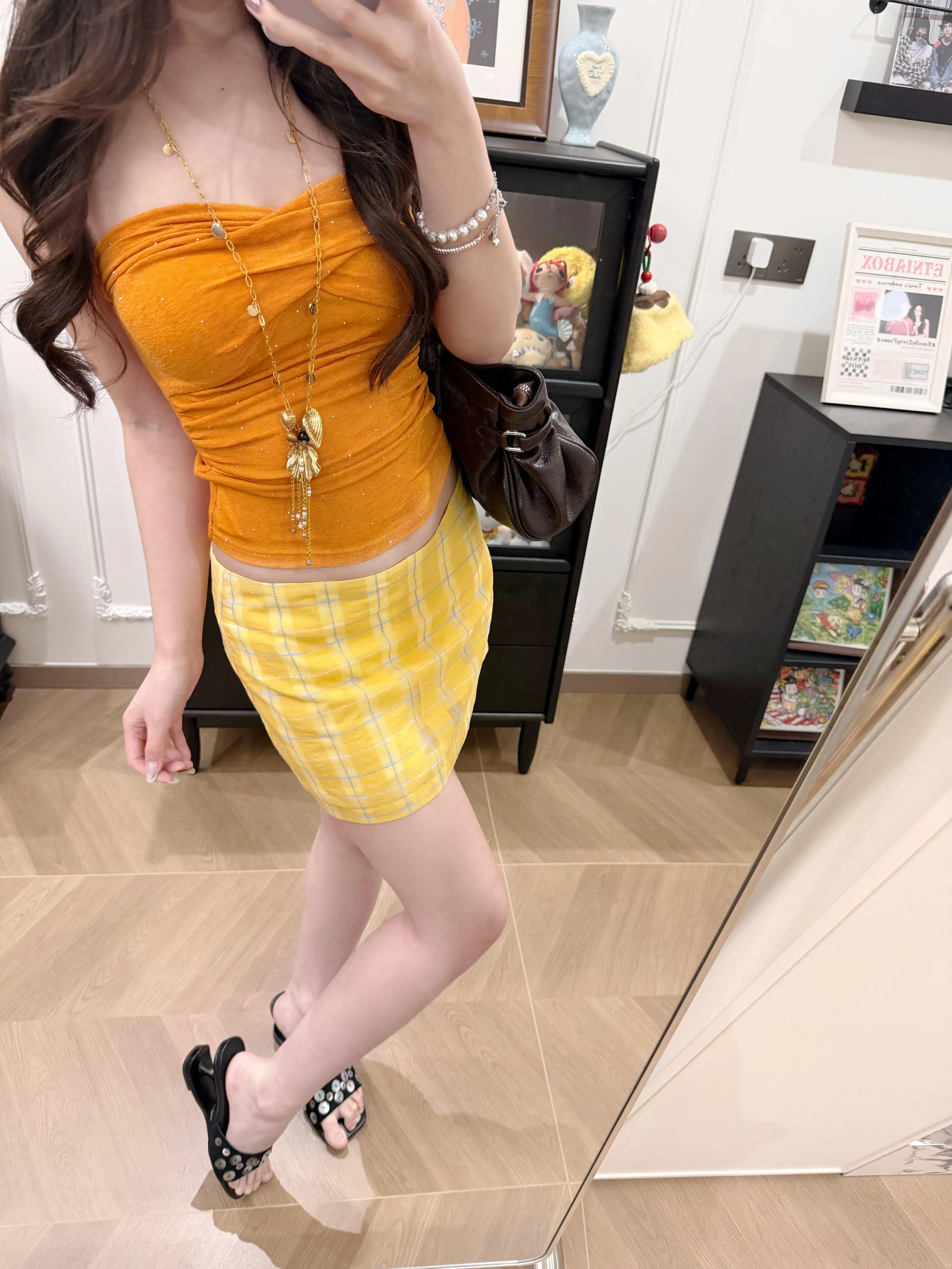 Low Waist American Style Spicy Girl Yellow Plaid Slim Fit Thin Summer Short Skirt with  Anti-Light Straight Half Body S...