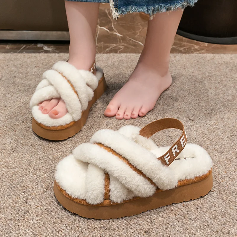 New autumn and winter fluffy cotton slippers with exposed toes for women to wear outdoors, thick soled for indoor home decor