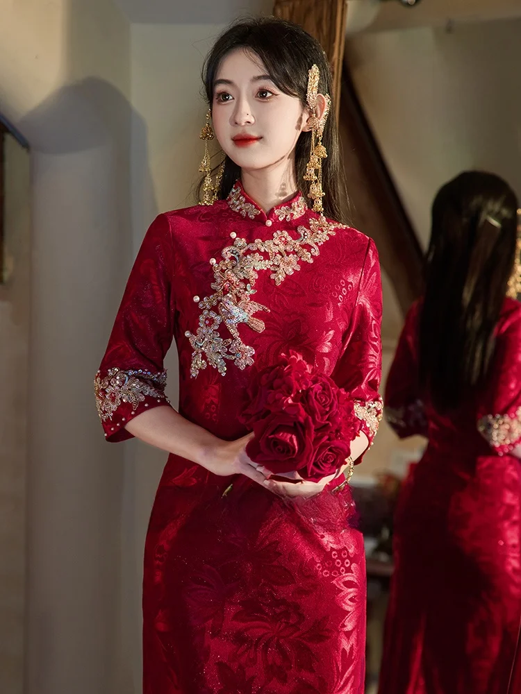 

Ele Young Bride Lace Qipao Dr Vintage Sle Mid-Length Slant-Collar Low-Slit Spring 2025 New Wedding Engagement Gown