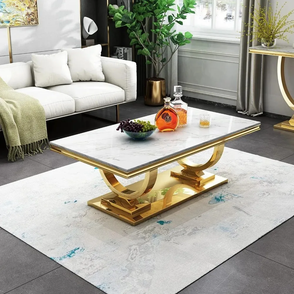 Rectangular White and Gold Marble Tea Table with U-Shape Stainless Steel Base with Gold Mirrored Finish for Living Room