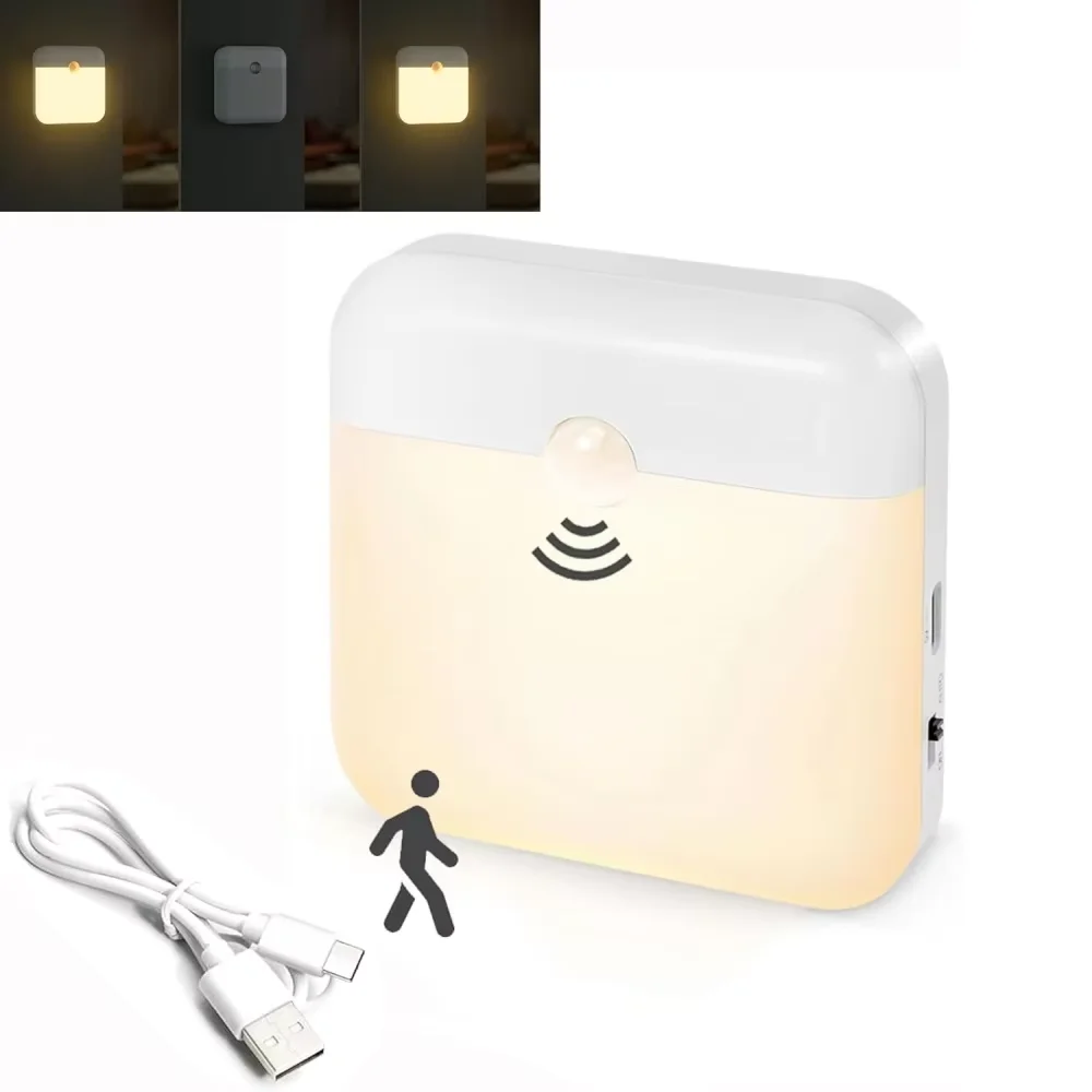 Lámpara LED con Sensor de Movimiento, Carga USB, Cuadrada, para Dormitorio, Cocina, Escalera, Pasillo, Armario, Iluminación