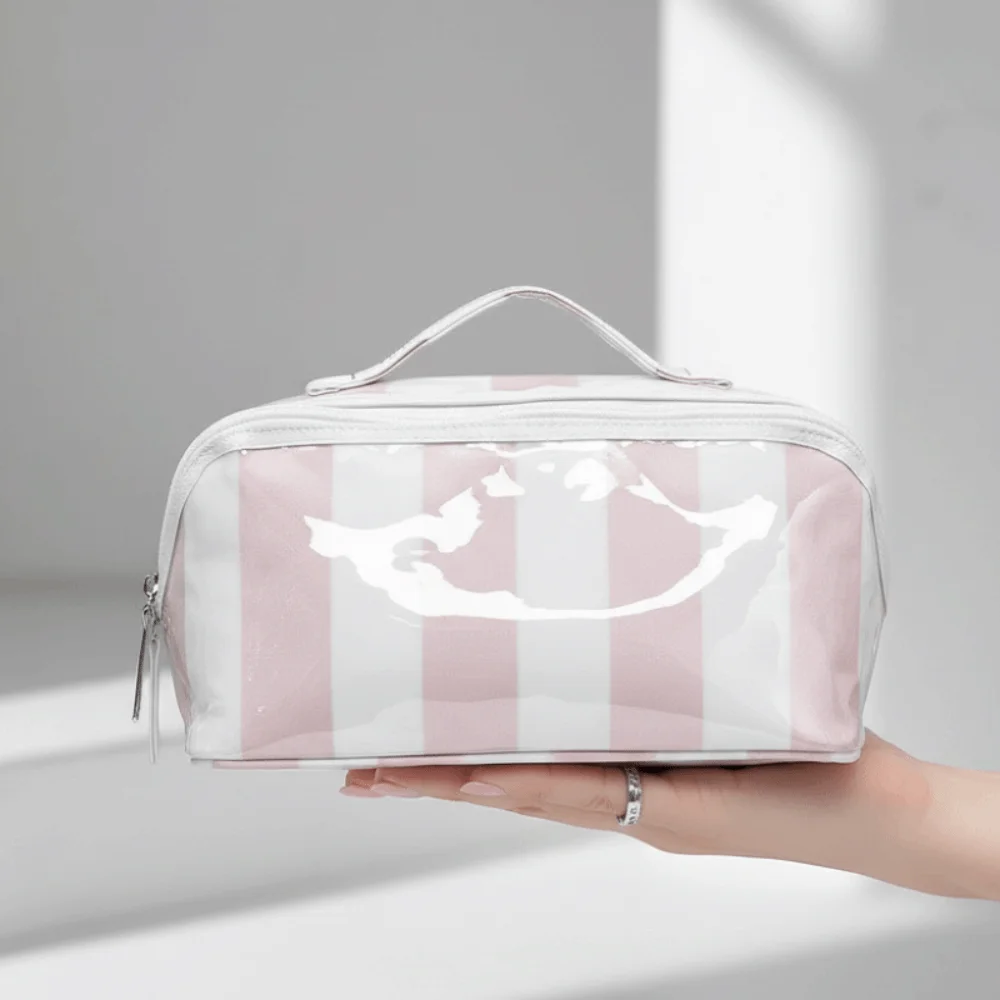 Durable Striped Cosmetic Bag Contrast Color Lightweight and Portable PVC Makeup Organizer Multipurpose Storage Waterproof