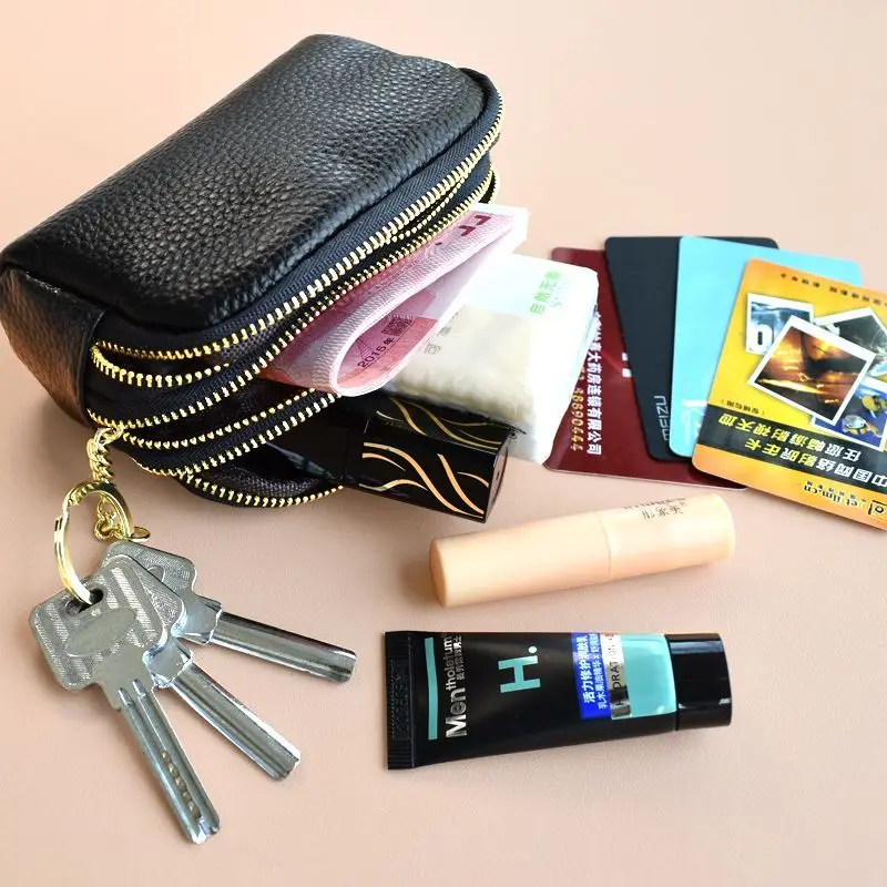 Leather Casual Pure Color Commuting Three-Layer Zipper Wallet Japanese Style Hand-Held Key Coin Purse for Women