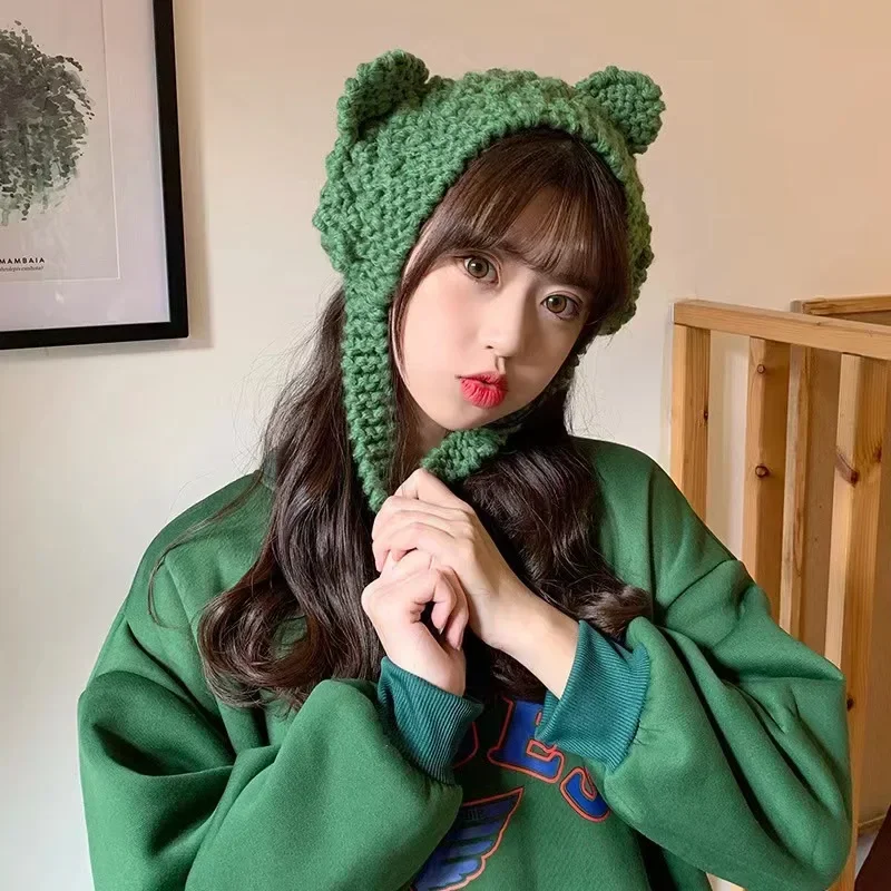 

Женская осенне-зимняя Милая шапка в форме лягушки с защитой ушей, Студенческая теплая шапка с капюшоном и кошачьими ушками, Вязаная Шапка-бини, головной убор, наушники