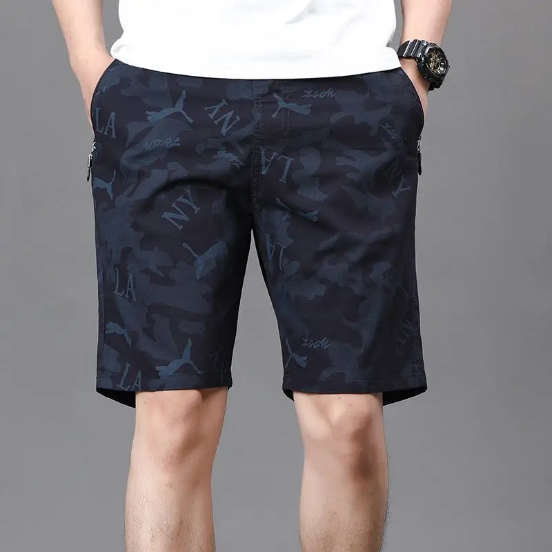 Summer Thin Men Pure Cotton Camouflage Cargo Shorts Elastic Waist Street Fashion Casual Zipper Pocket Loose Sports Short Pants