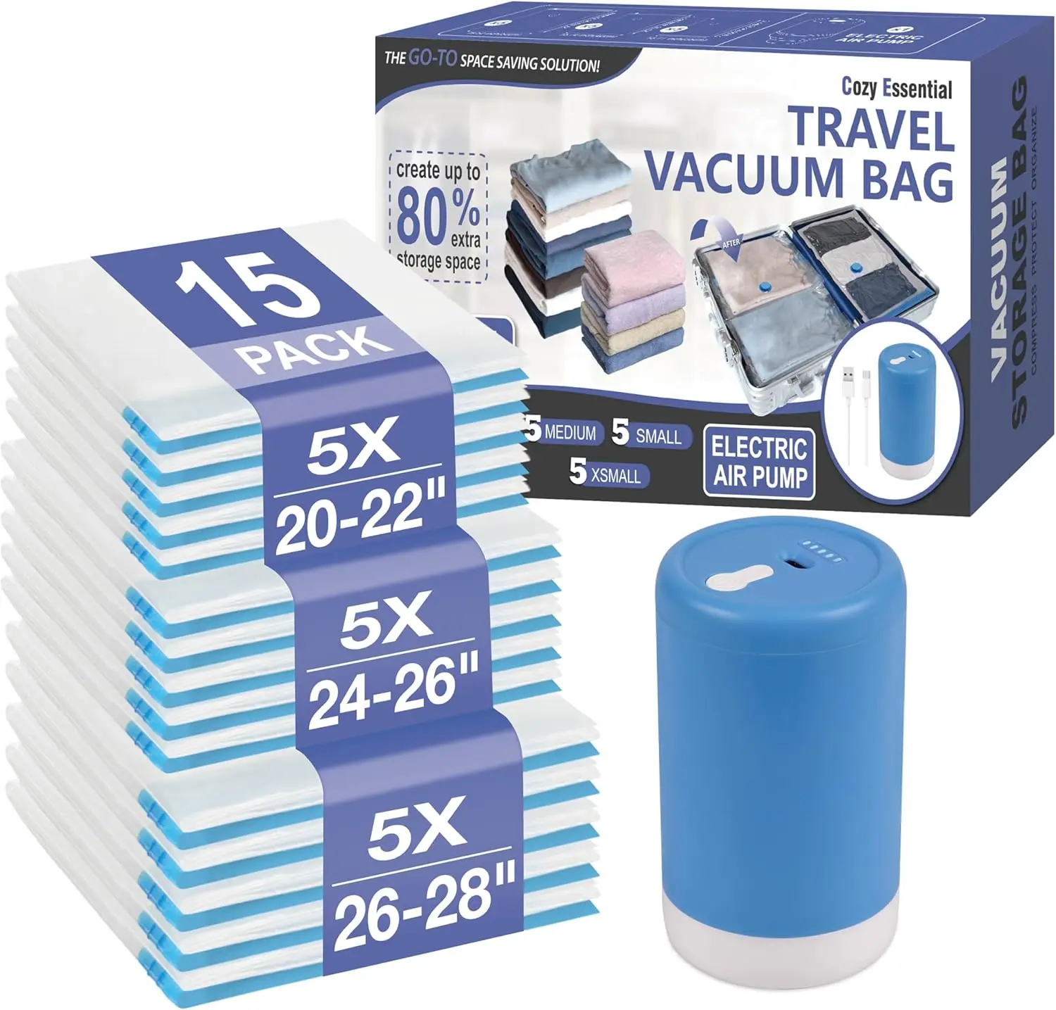 

Cozy Essential Travel Vacuum Storage Bags with Rechargeable Cordless USB Pump, Space Saver Bags for Luggage, Suitcase, Carry-On, for Clothes, Blankets, Bedding & Seasonal Storage, 15 Combo