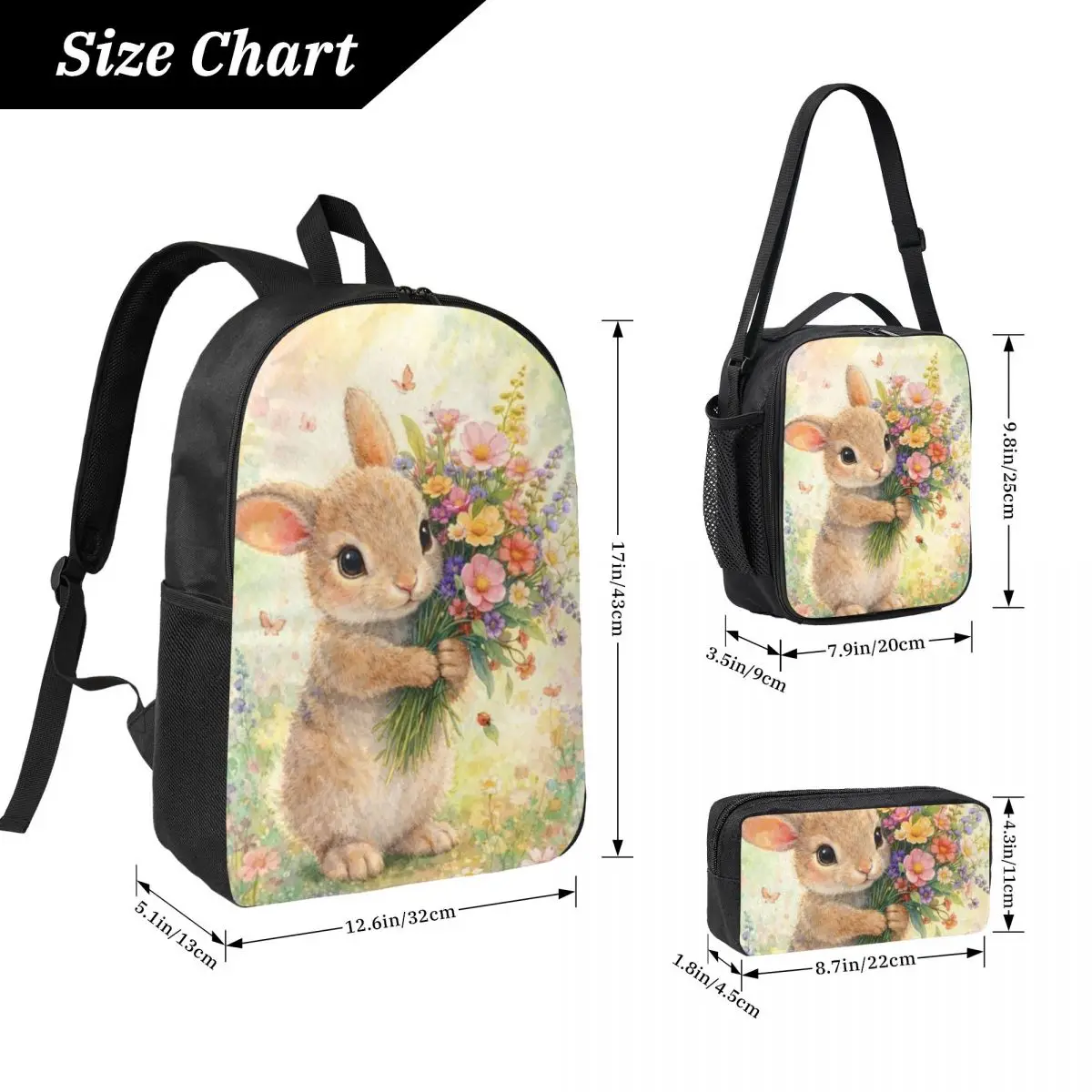 Bunny And Flower Realistic Backpack Boys Girls BookBag School Bag Laptop Shoulder Bags 3ps Insulated Lunch Bag Pencil Case