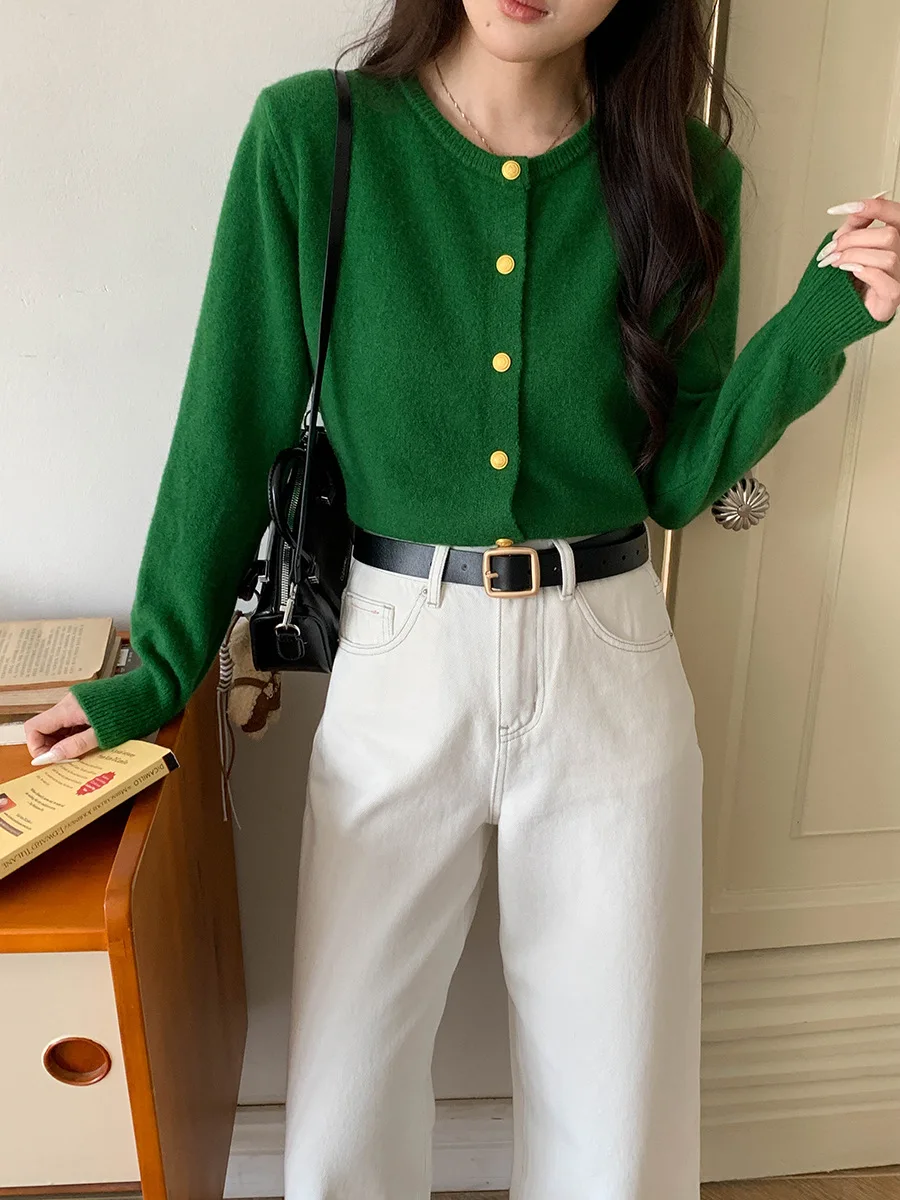 Mantel Kardigan Rajutan Lengan Panjang Wanita Sweter Kerah O Retro Kasual Musim Gugur