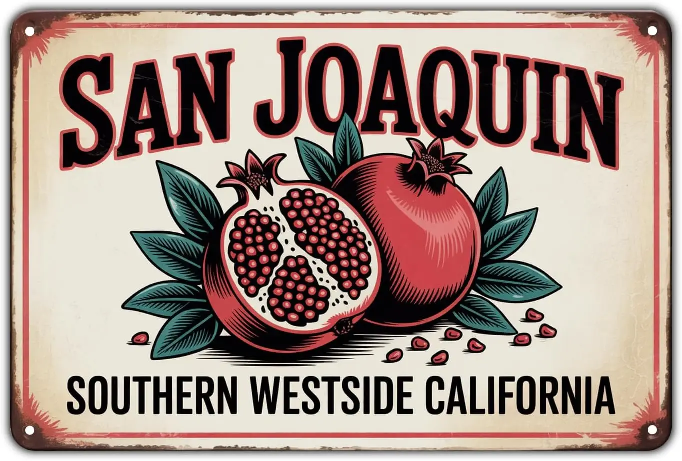 San Joaquin Pomegranate Fruit tin sign Vintage California Southern Westside Metal Sign Print Aesthetic for Garden Yard Bar Porch