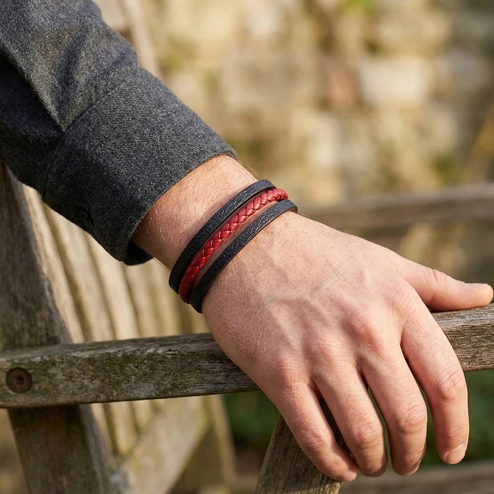 Men Multilayer Black PU Leather Bracelet Vintage Braided Rope Magnetic Clasp Bracelet Male Jewelry