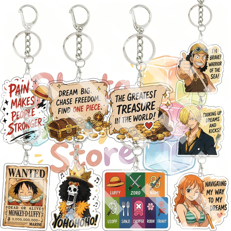 Llavero de acrílico con cita inspiradora de anime, diseño de dibujos animados, lindo, con logotipo de la tripulación de Luffy, Usopp, Sanji, Nami, colgante para mochila, regalos