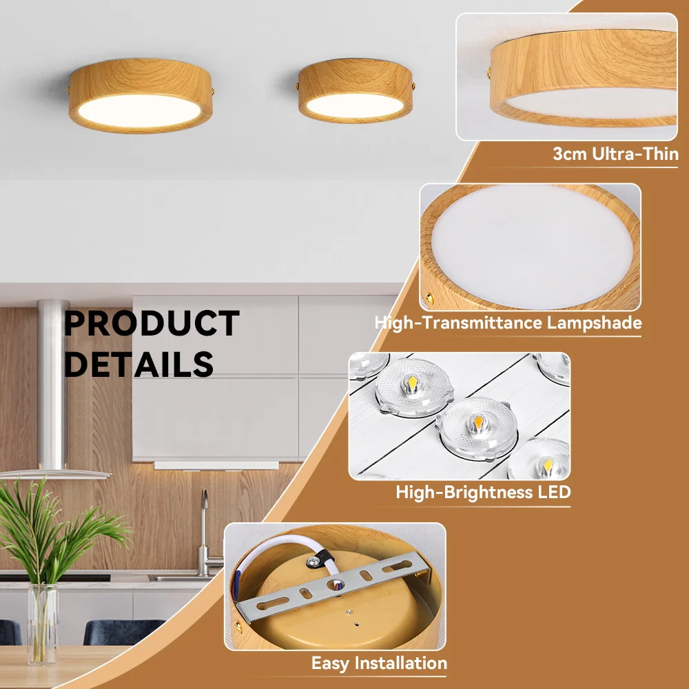 Wood Ceiling Light 3 Colors Memory Downlight Surface Mounted LED Spotlight Modern Indoor for Living Room Bedroom Panel Lamp 220V
