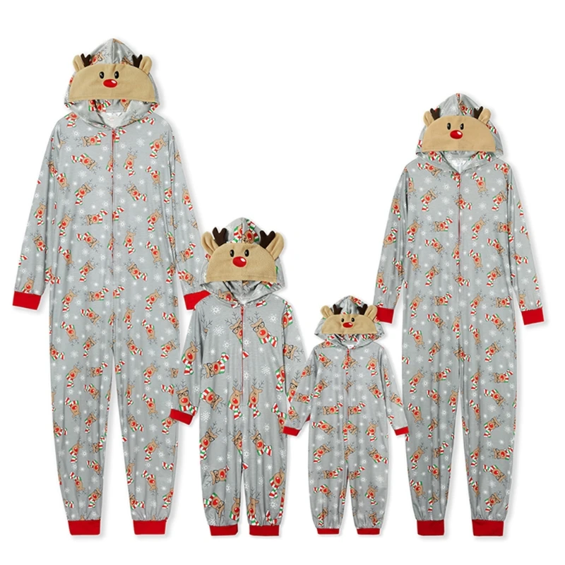 بدلة قفز عائلية بسحاب من Family for Onesies Pajamas Elk Antler مقنعين لعيد الميلاد