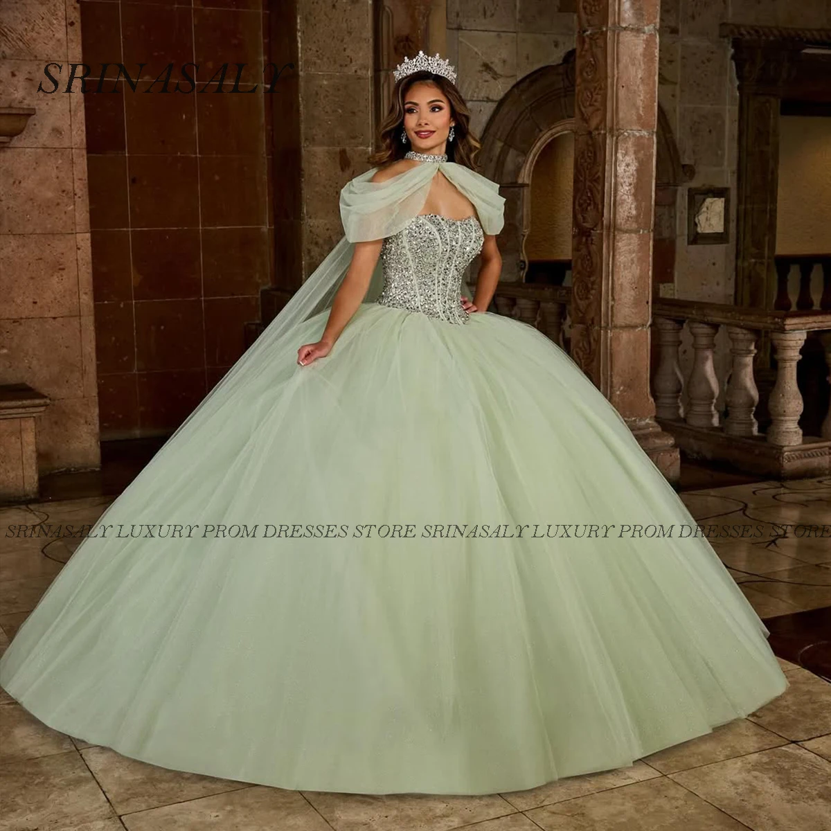 فستان Quinceanera مخصص فستان حفلة سباغيتي دانتيل مزين بكريستال مطرز بالخرز حلو 16 من الكتف فيستدوس دي 15 أنيوس