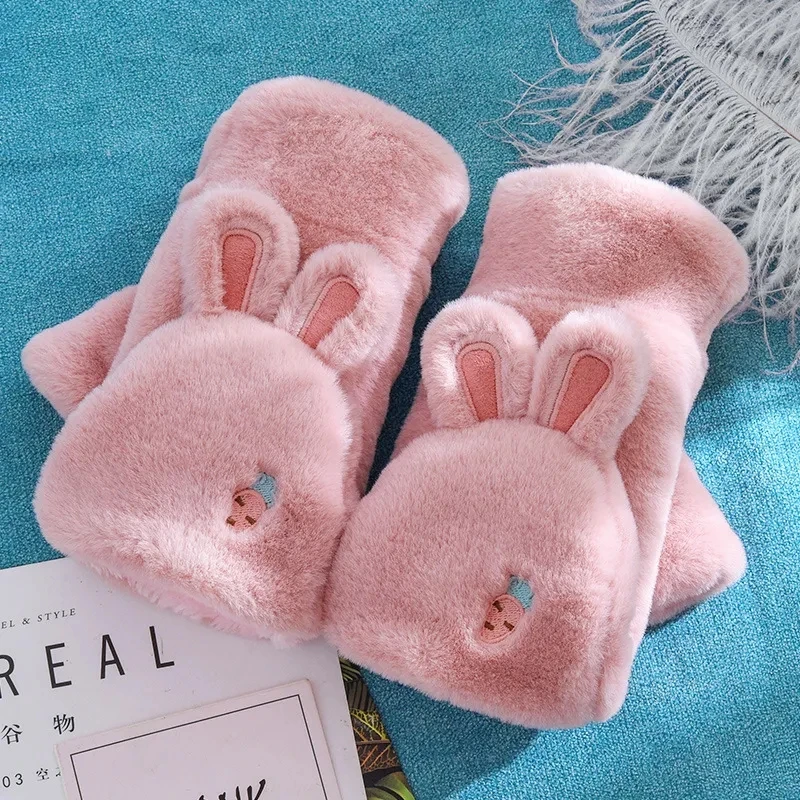 

Women Winter Fur Rabbit Mittens fingerless Gloves Plush Warm Winter Soft Thick Gloves for Women Girl Flexible Half Finger HOT