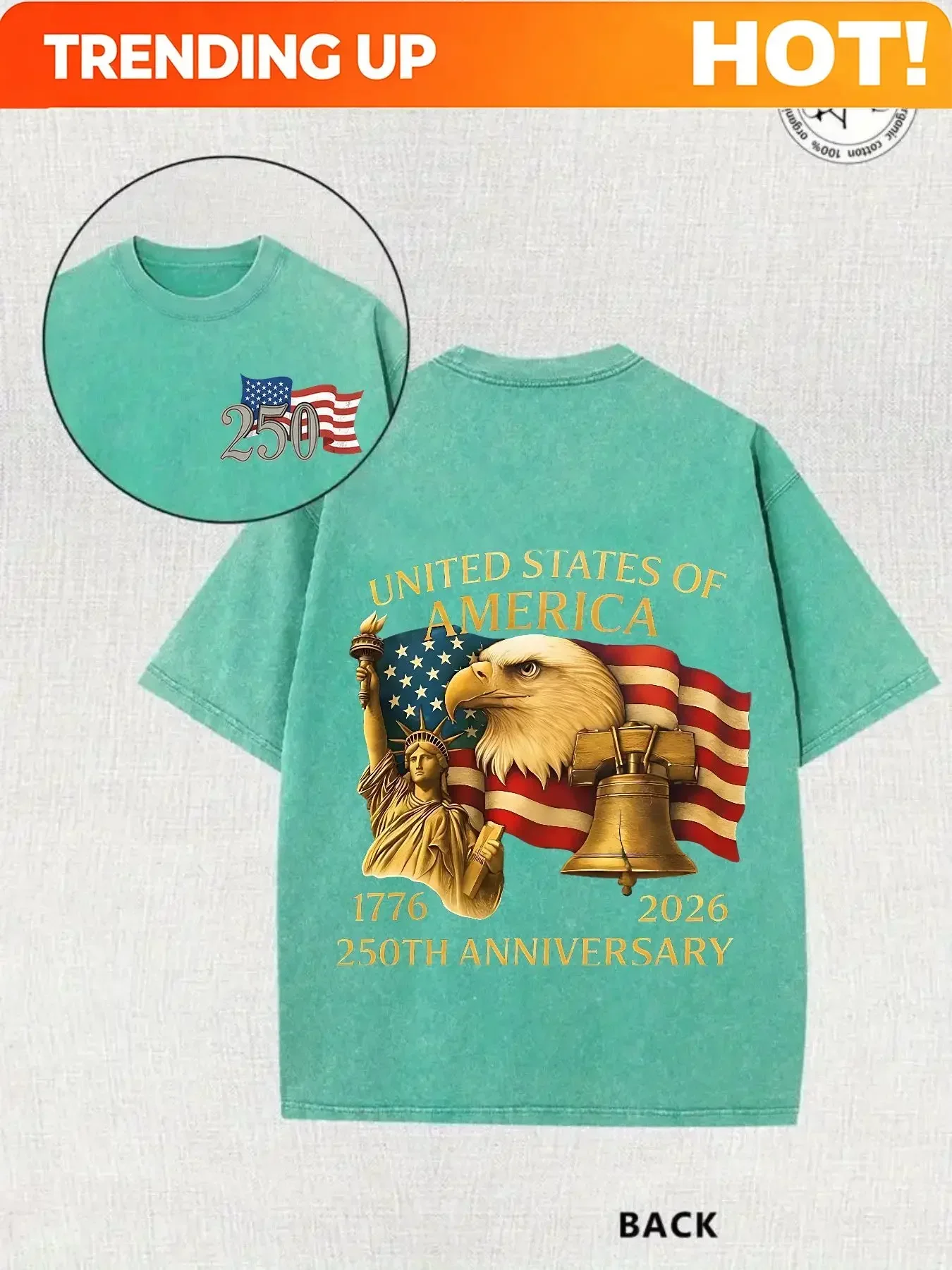 Customization 100% Cotton 230G Double-Sided Washed T-shirt, United States 250th Anniversary Celebration, Front With 250 Graphic