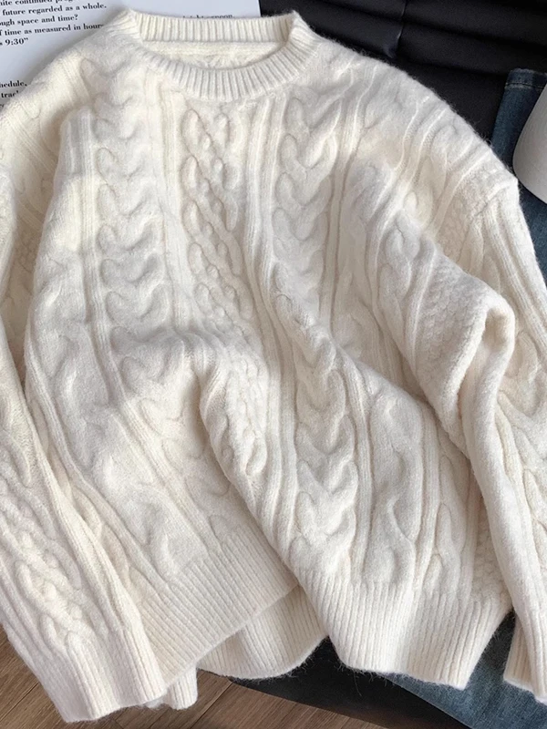 Thiened Loose Women's Knitted Sweater Autumn Winter Inner Wear round Ne Twisted Hair Sle Base Top for Small Figures