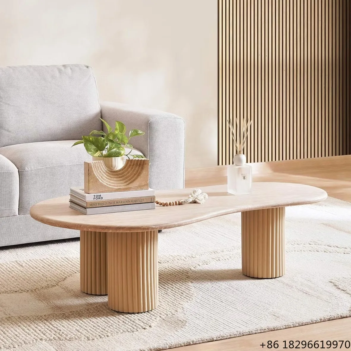 Handmade Solid Wood Travertine Marble Coffee Table Foldable for Living Room Home Decor