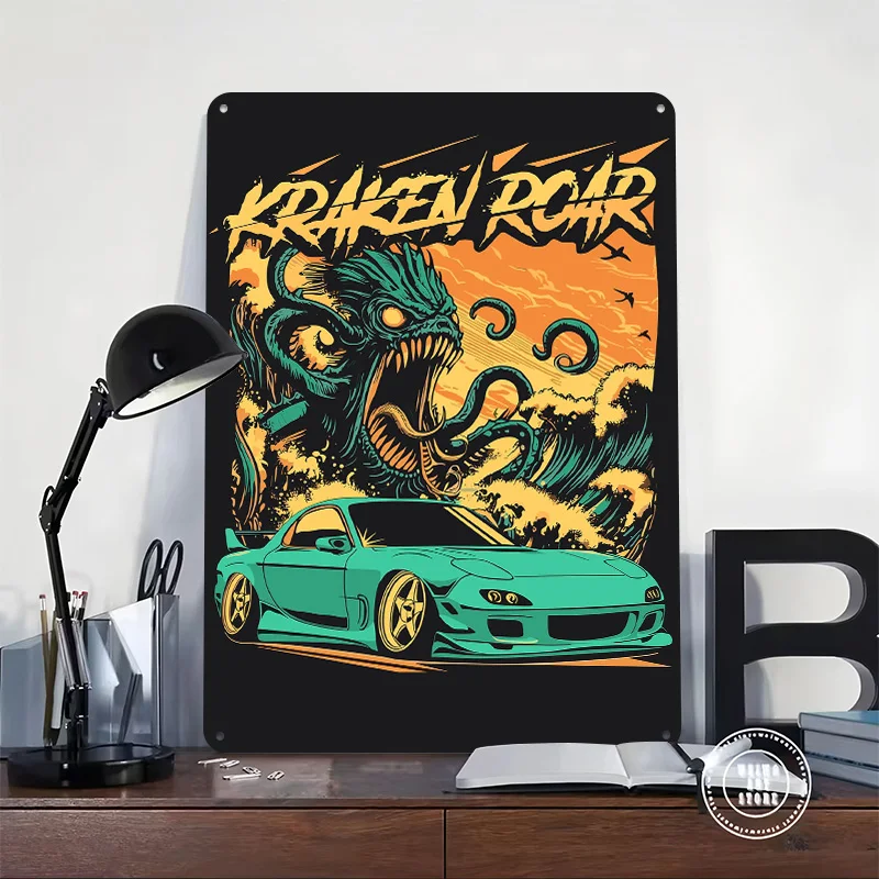 Kraken Roar Graphic Car Poster Customized Vintage Metal Signs Wall Art Retro Tin Plaque for Mancave Living Room Decoration Cozy