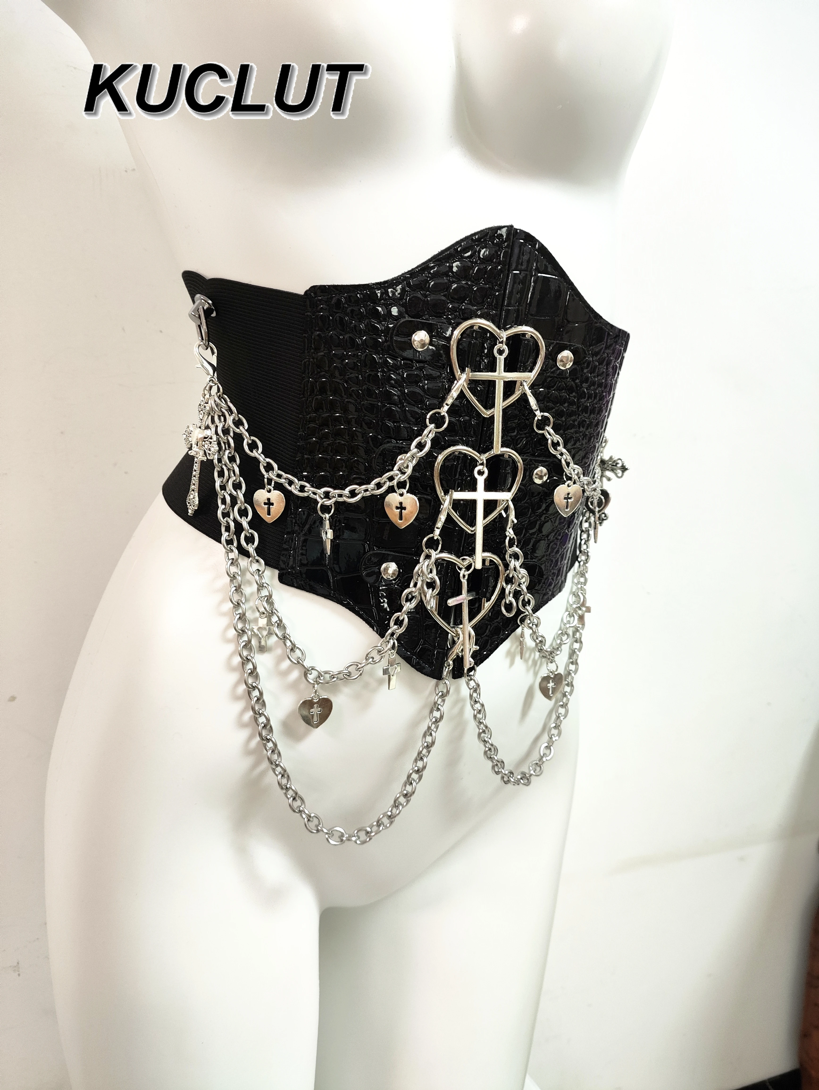 فتاة Cummerbunds القلب عبر سلسلة الفيلكرو حزام الخصر فاسق Y2K نمط مرحلة الأداء زي الملحقات للنساء