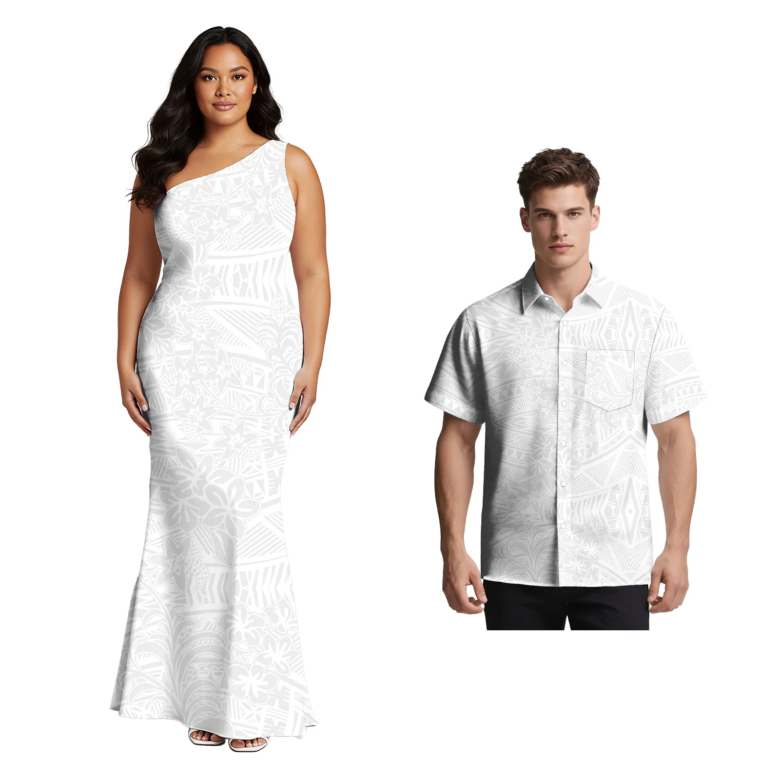 

Lover's Clothes Polynesian Button Men Shirt Women Upscale Aloha Dress Samoan Tapa Tribal Design Couple Match Outfit White Sunday