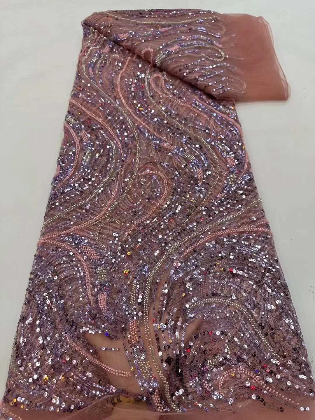 

High Quality Nigerian Tulle Lace Fabric with beads ZH-1302935 Sequins Mesh African Lace Fabric For Bridle Party Dress