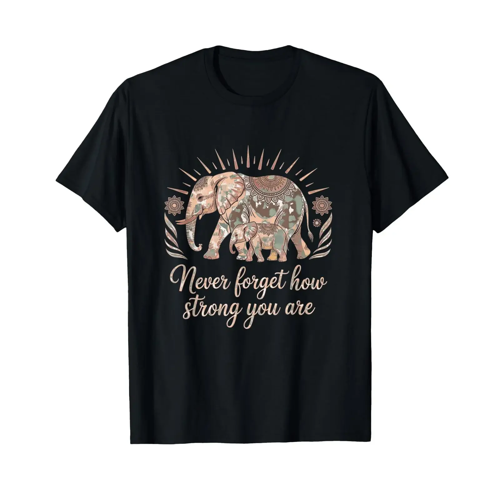 T-shirt Bohème Éléphant Force et Résilience, style vintage délavé, respirant et confortable, vêtements décontractés de créateur pour homme
