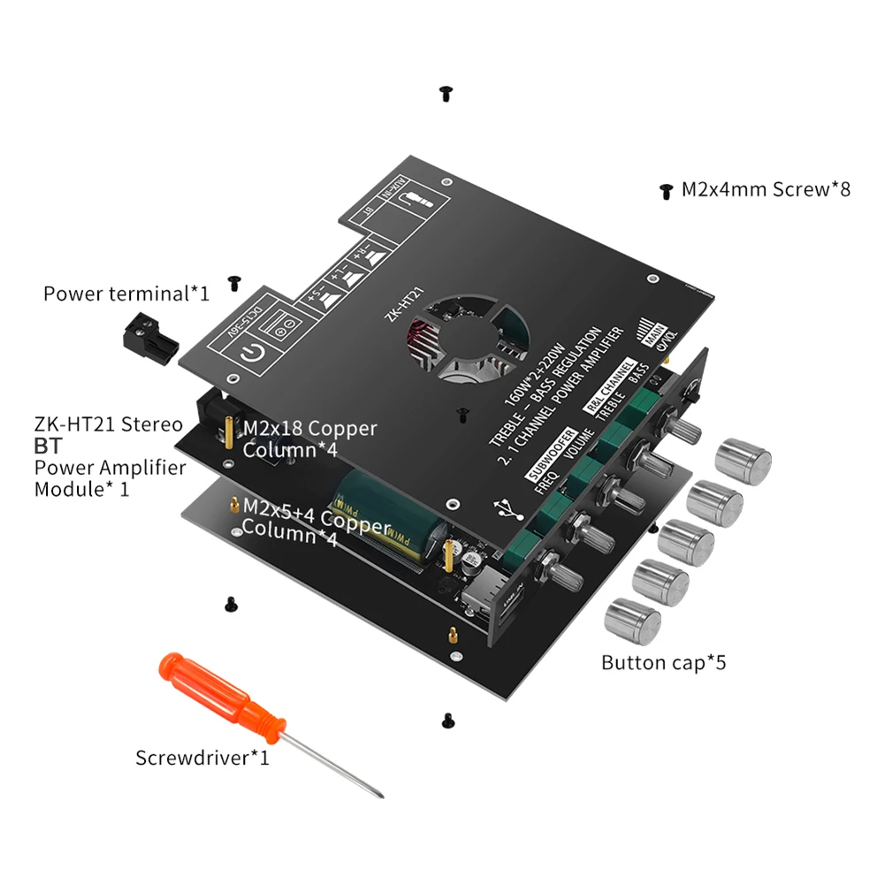 ZK-HT21 160W*2+220W  Digital Power Amplifier Board DC15-36V TDA7498E Stereo Power Amplifier Module Bass AUX/USB Amplifier BT5.0