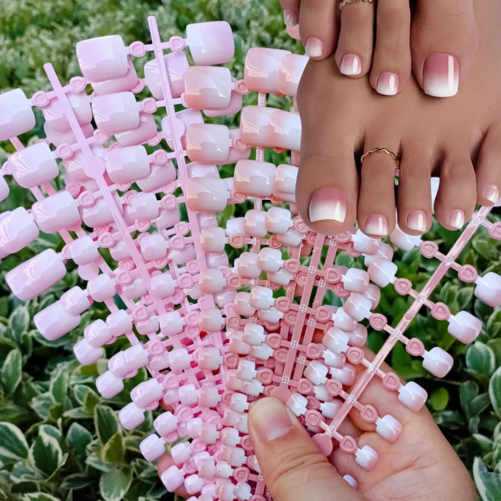 

120Pcs/Bag Gradient French Press On Toenails Short Square White French Tips Toenail 12 Size Nude Pink Full Cover Fake Toe Nails