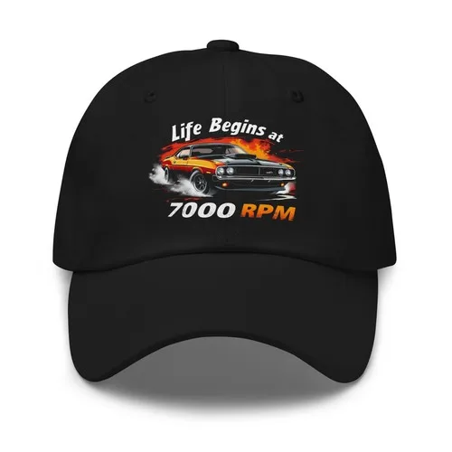 Life Begins at 7000 RPM Dad Hat – Classic Muscle Car Burnout Design