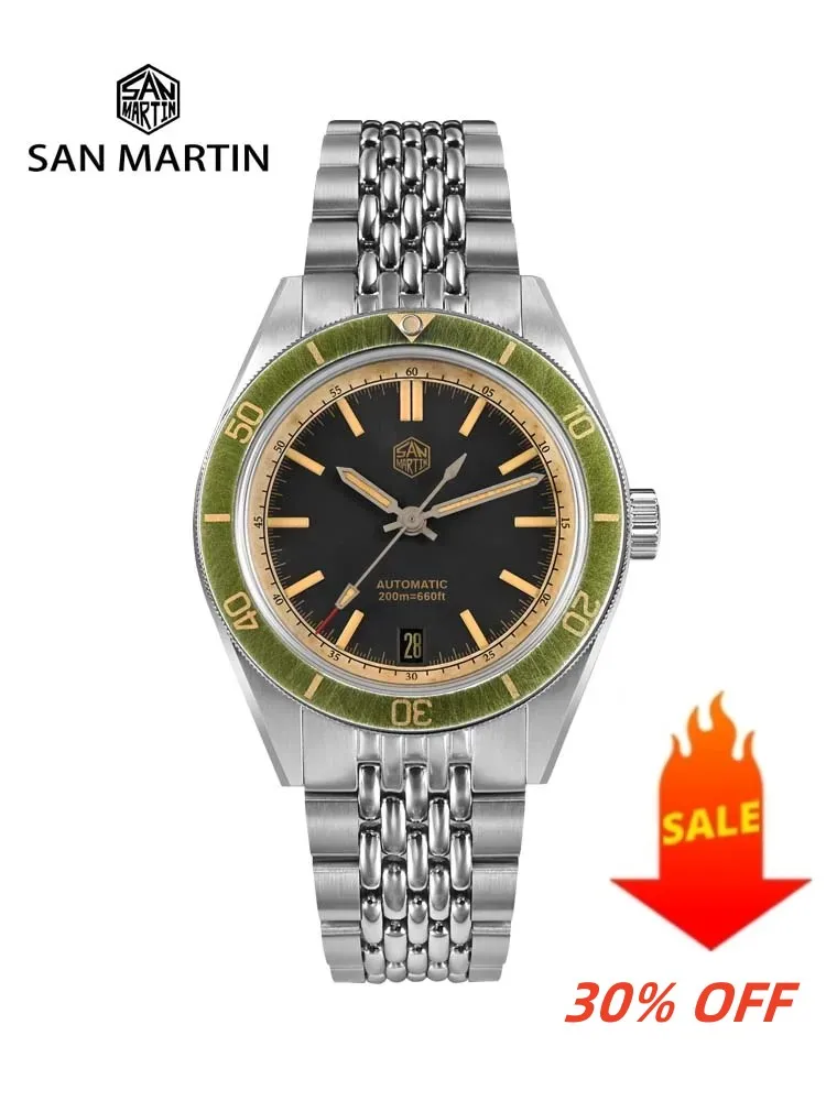 San Martin 39.5mm Men Dive Watch Vintage Distressed Effect NH35 Automatic Mechanical Watch Waterproof 200m C3 Lume SN0116 Reloj